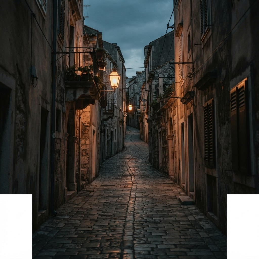 Calle empedrada al anochecer, ciudad mediterránea