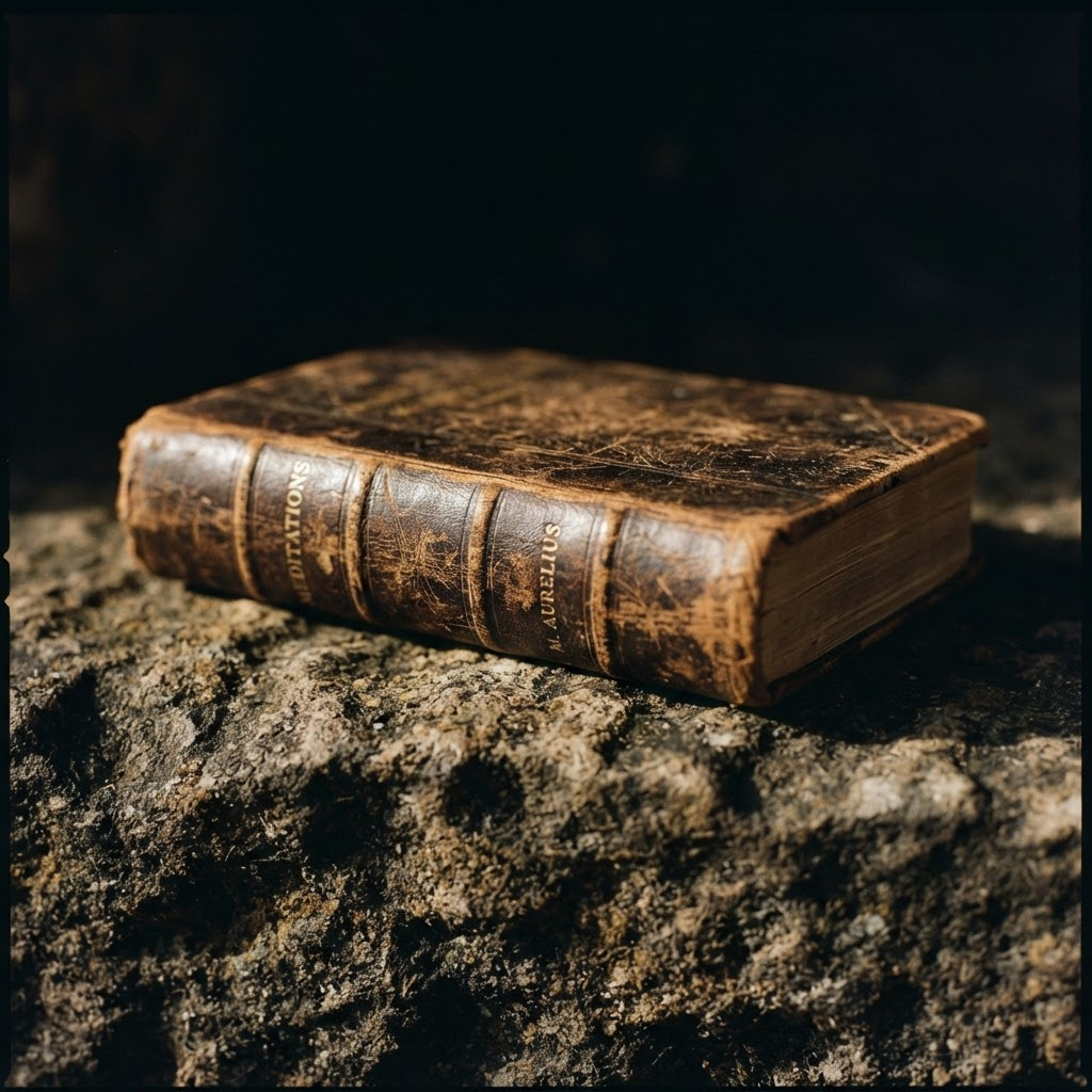 Libro de cuero sobre piedra con luz lateral